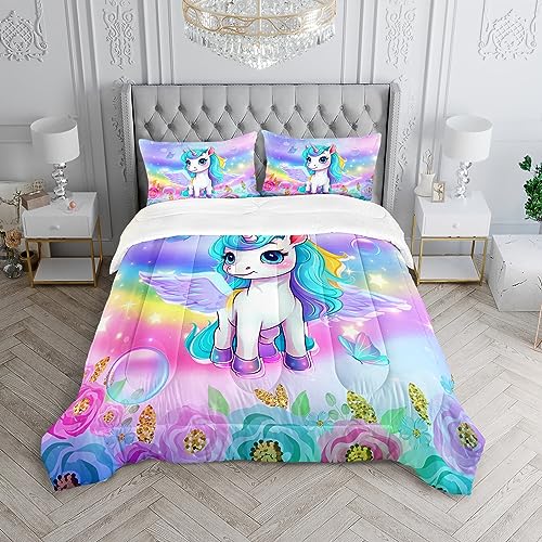 XYNHML Kid Unicorn Comforter Set Twin Size 3Pcs Butterfly Rainbow Flower Star Pattern Quilt Bedding Set for Boys Girls with 1 Comforter and 2 Pillowcases - Image 3