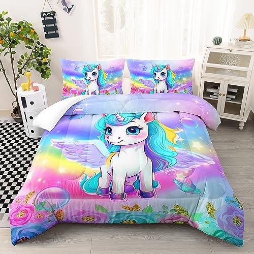 XYNHML Kid Unicorn Comforter Set Twin Size 3Pcs Butterfly Rainbow Flower Star Pattern Quilt Bedding Set for Boys Girls with 1 Comforter and 2 Pillowcases - Image 1