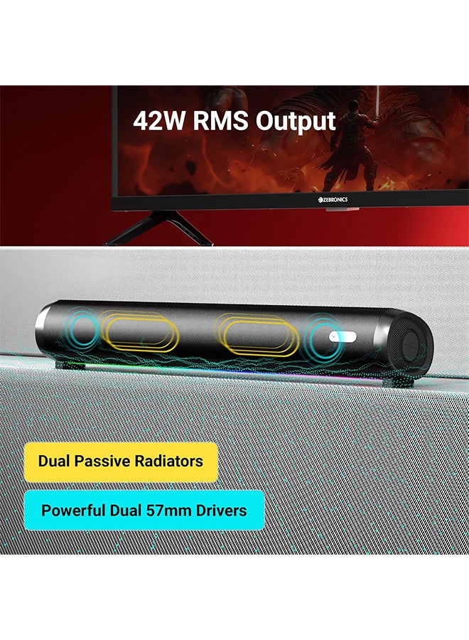 ZEBRONICS Renewed - Zebronics Wireless Bluetooth Soundbar, 42 Watts, Upto 7h Playback, Dual 57mm Drivers, Dual Passive Radiators, TWS, Call Function, Type-C Charging, USB, AUX (Vita Bar 301) - Image 2