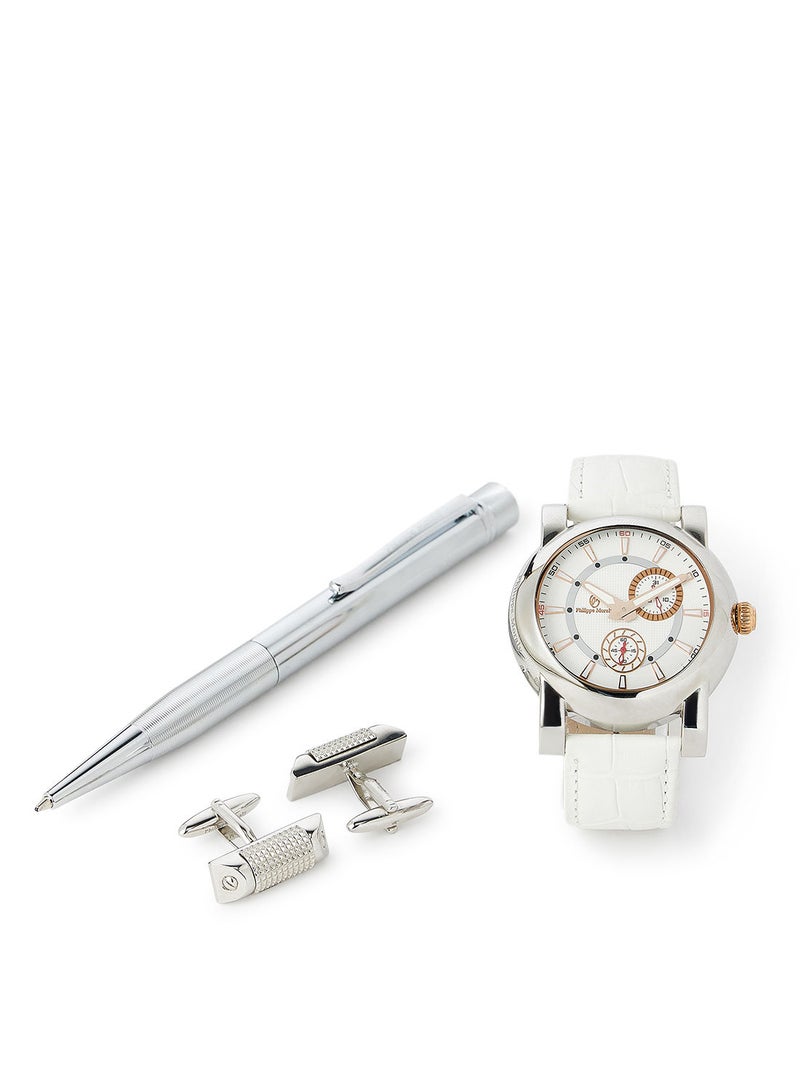 Philippe Moraly Gift set of watch pen and cufflinks 44mm white  - Image 1