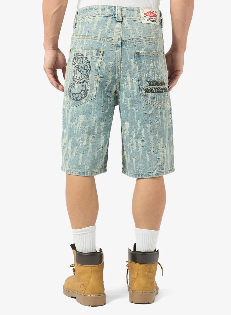 Grimey  Droppin Science Jacquard Baggy Denim Shorts for Men | Best Price UAE