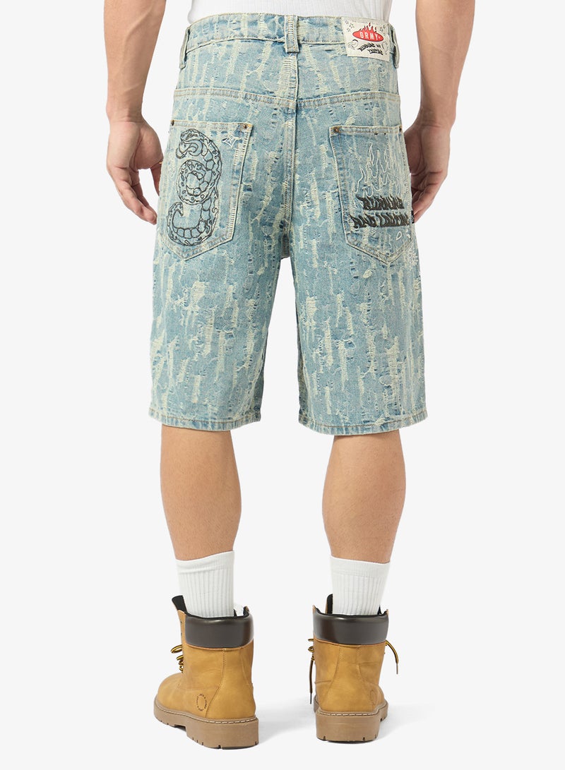 Grimey Droppin Science Jacquard Baggy Denim Shorts - Image 3