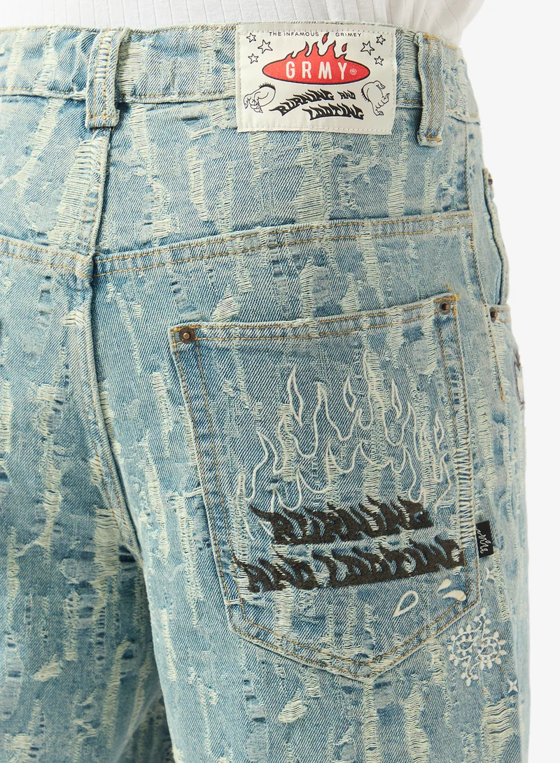 Grimey  Droppin Science Jacquard Baggy Denim Shorts for Men | Best Price UAE