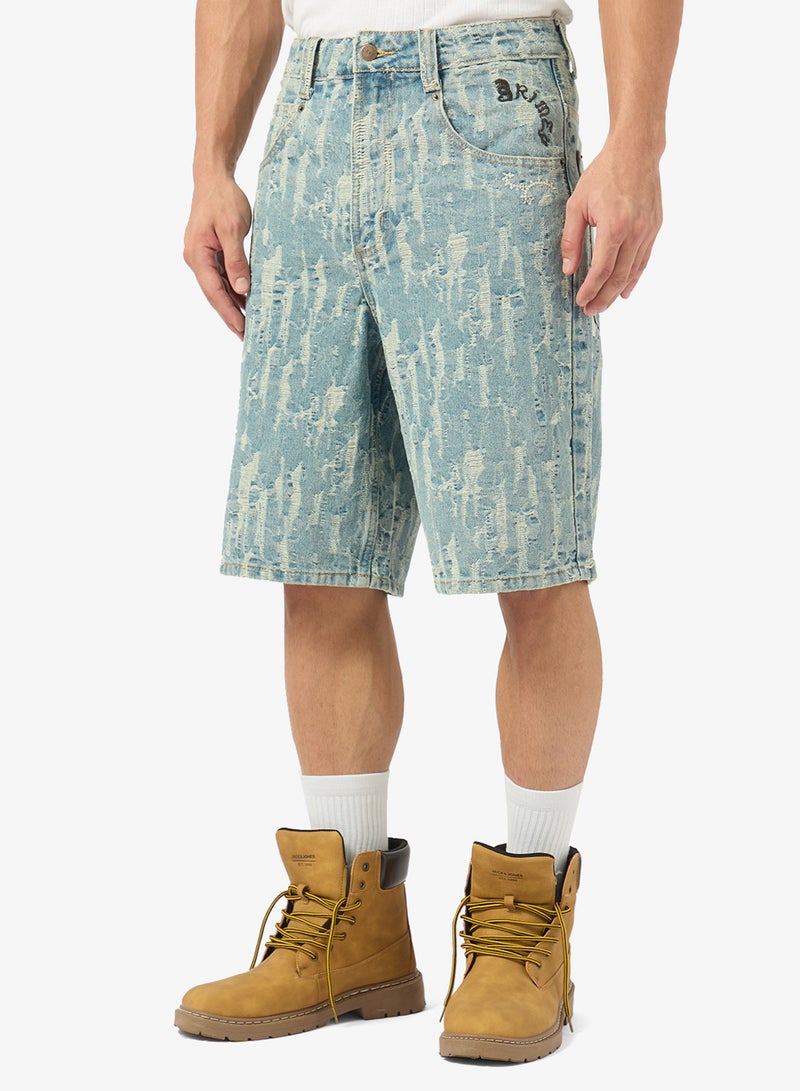 Grimey Droppin Science Jacquard Baggy Denim Shorts - Image 1