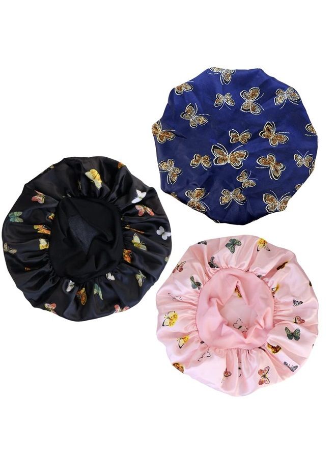 TCOTBE 3 Pcs Soft Satin Bonnet Silk Bonnet Hair Wrap for Sleeping Silk Sleeping Cap with Wide Elastic Band Night Sleep Cap Bonnets Hair Cover Single Layer Night Sleeping Head Cover for Women Black - Image 1