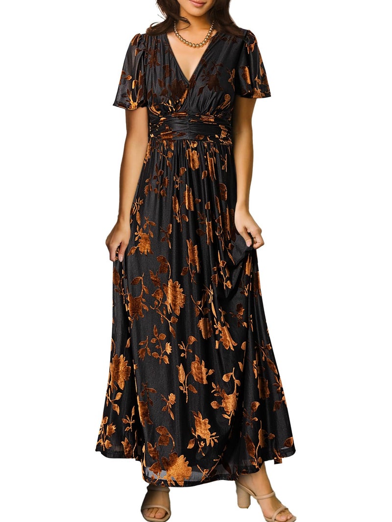 Simplee Apparel Simplee Women's Fall Wedding Guest Velvet Maxi Dress Burnout Floral Empire Waist V Neck Short Sleeve Long Formal Dress (Brown Floral L) - Image 1