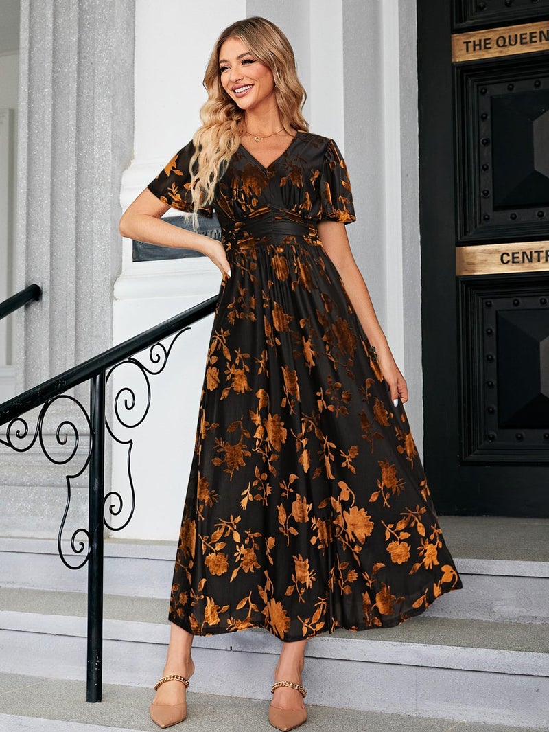 Simplee Apparel Simplee Women's Fall Wedding Guest Velvet Maxi Dress Burnout Floral Empire Waist V Neck Short Sleeve Long Formal Dress (Brown Floral L) - Image 5