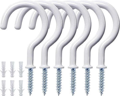 Etoolia 12 Pcs Ceiling Hooks for Hanging Plants, Cups, Utensils and Christmas String Lights, 1-1/4 inch Vinyl Coated Screw-in Plant and Cup Hooks for Wooden and Drywall with Anchors - White - Image 1