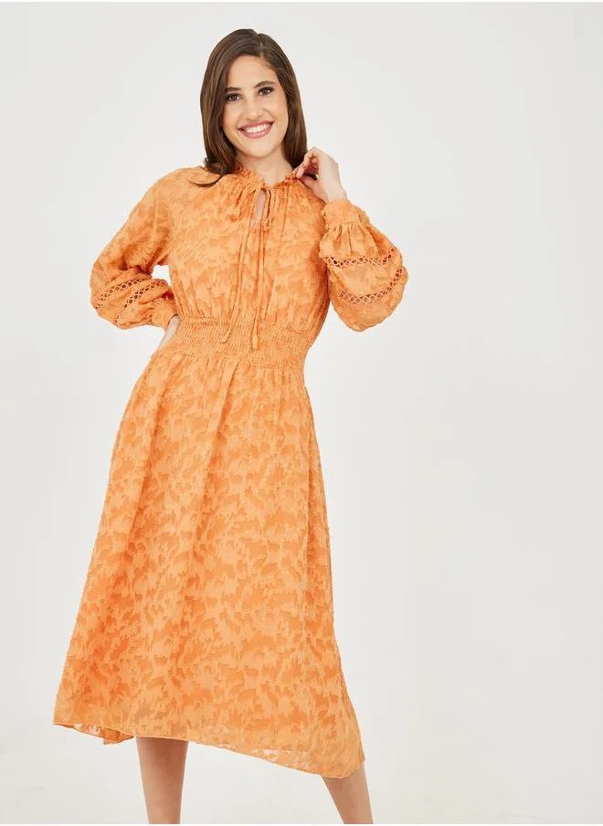 ستايلي Burnout Texture Smocked Waist A-Line Midi Dress