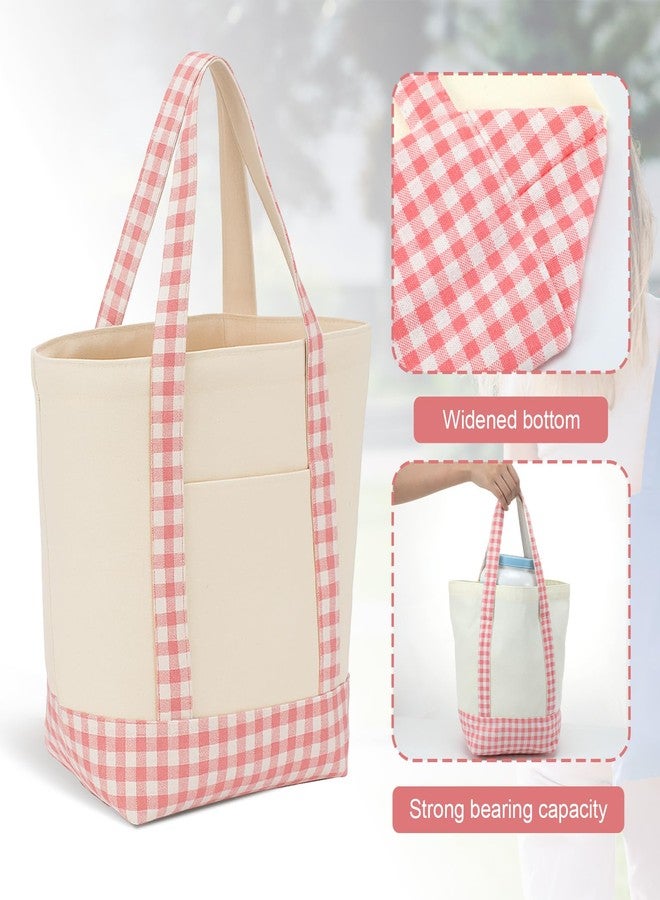 Eccliy 1 Pcs Mini Canvas Tote Bags 13" x 11" x 6" Small Tote Shopping Bag Bulk with Pocket Handle Blank Heavy Duty Reusable Canvas (13" X 11" X 6",Pink Plaid) - Image 3