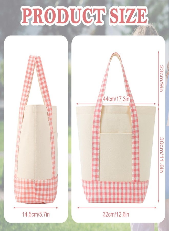 Eccliy 1 Pcs Mini Canvas Tote Bags 13" x 11" x 6" Small Tote Shopping Bag Bulk with Pocket Handle Blank Heavy Duty Reusable Canvas (13" X 11" X 6",Pink Plaid) - Image 2