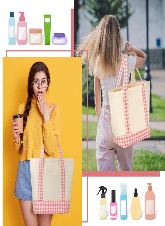 Eccliy 1 Pcs Mini Canvas Tote Bags 13" x 11" x 6" Small Tote Shopping Bag Bulk with Pocket Handle Blank Heavy Duty Reusable Canvas (13" X 11" X 6",Pink Plaid) - Image 5