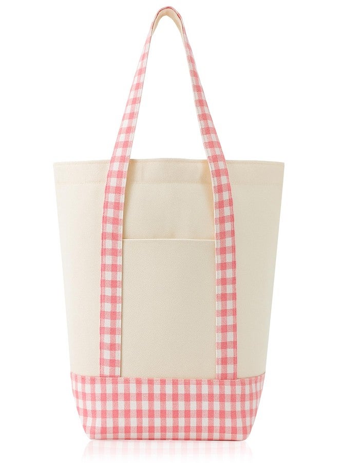 Eccliy 1 Pcs Mini Canvas Tote Bags 13" x 11" x 6" Small Tote Shopping Bag Bulk with Pocket Handle Blank Heavy Duty Reusable Canvas (13" X 11" X 6",Pink Plaid) - Image 1
