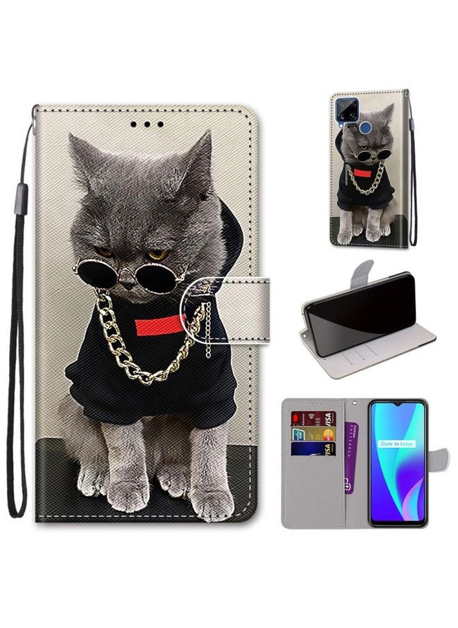 HuHa Case Cover For Realme C15 / C12 / C25 / 7i Global / Narzo 20 / 30A Coloured Drawing Cross Texture Horizontal Flip PU Leather Case with Holder & Card Slots & Wallet & Lanyard Golden Chain Grey Cat 