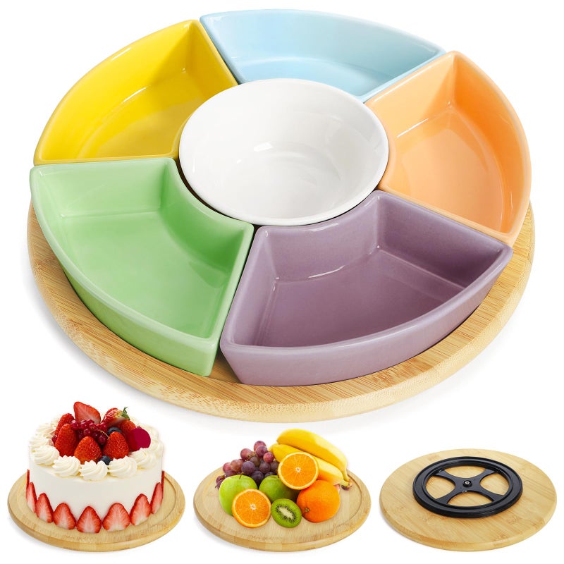 AVLA 11" Ceramic Divided Serving Dishes, Lazy Susan Party Appetizer Platter, 6 Removable Snack Bowl with Rotatable Bamboo Tray, Porcelain Relish Tray for Chips and Dips, Candy, Nut, Condiment, Veggie - Image 1