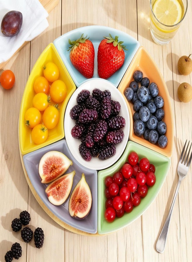 AVLA 11" Ceramic Divided Serving Dishes, Lazy Susan Party Appetizer Platter, 6 Removable Snack Bowl with Rotatable Bamboo Tray, Porcelain Relish Tray for Chips and Dips, Candy, Nut, Condiment, Veggie - Image 5