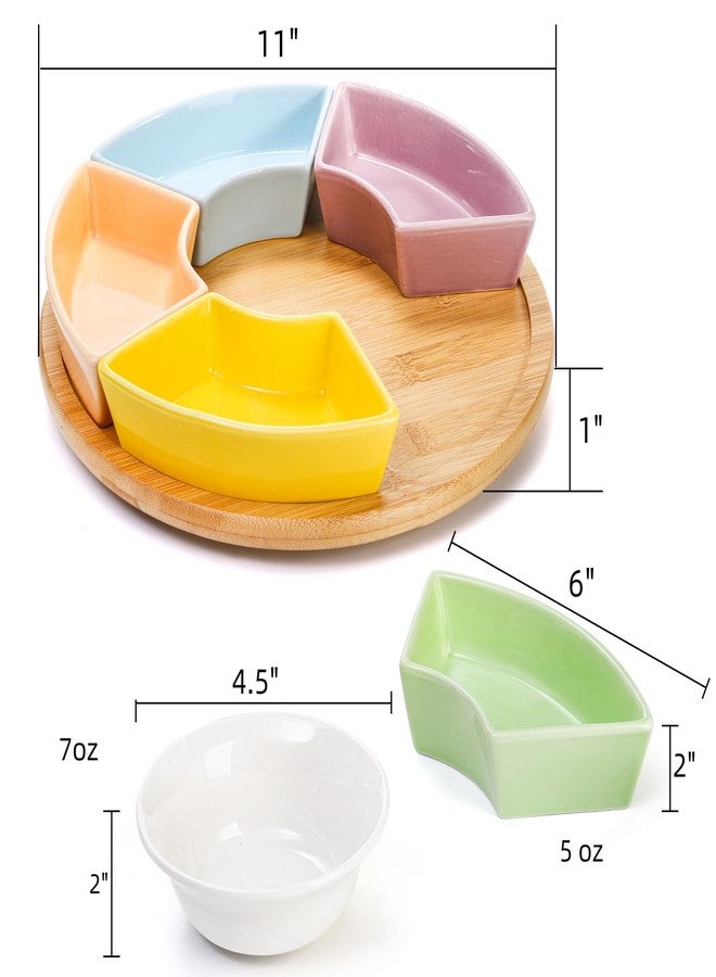 AVLA 11" Ceramic Divided Serving Dishes, Lazy Susan Party Appetizer Platter, 6 Removable Snack Bowl with Rotatable Bamboo Tray, Porcelain Relish Tray for Chips and Dips, Candy, Nut, Condiment, Veggie - Image 2