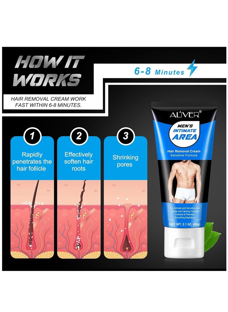 ALIVER - 60g Private Part Hair Removal Cream for Men Intimate Hair Remover Effective and Painless Depilatory Cream for Private Areas Body Legs and Underarms Suitable for All Skin Types - Image 1