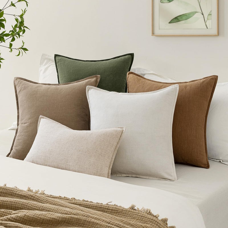EMEMA Decorative Linen Throw Pillow Covers 22x22 Inch Natural Beige Boho Farmhouse Neutral Couch Throw Pillows for Bed Pack of 2 Accent Pillowcase Modern Sofa Cushion Livingroom Home - Image 3