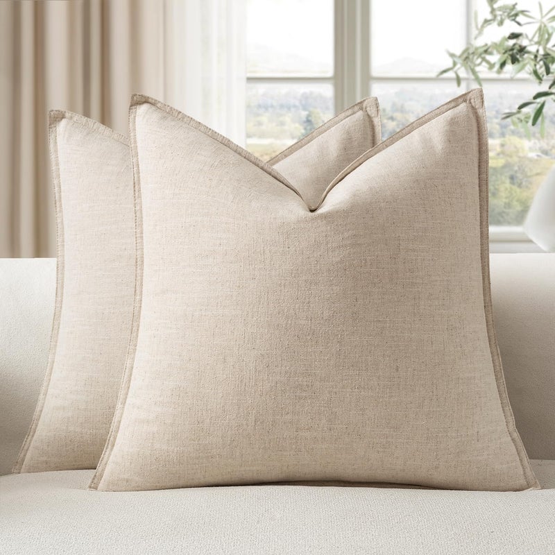 EMEMA Decorative Linen Throw Pillow Covers 22x22 Inch Natural Beige Boho Farmhouse Neutral Couch Throw Pillows for Bed Pack of 2 Accent Pillowcase Modern Sofa Cushion Livingroom Home - Image 1