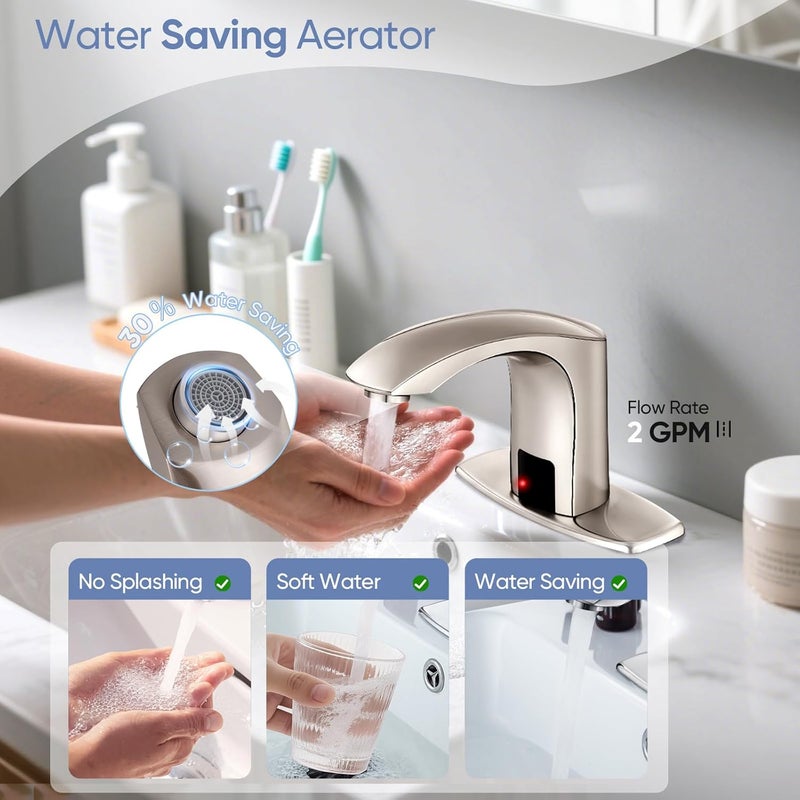 HOOMEE Automatic Touchless Bathroom Sink Faucet Sensor Motion Activated Commercial Faucets Hands Free Infrared Residential Elegant Basin Tap with Deck Plate Water Mixer Valve Control Box (Nickle) - Image 2
