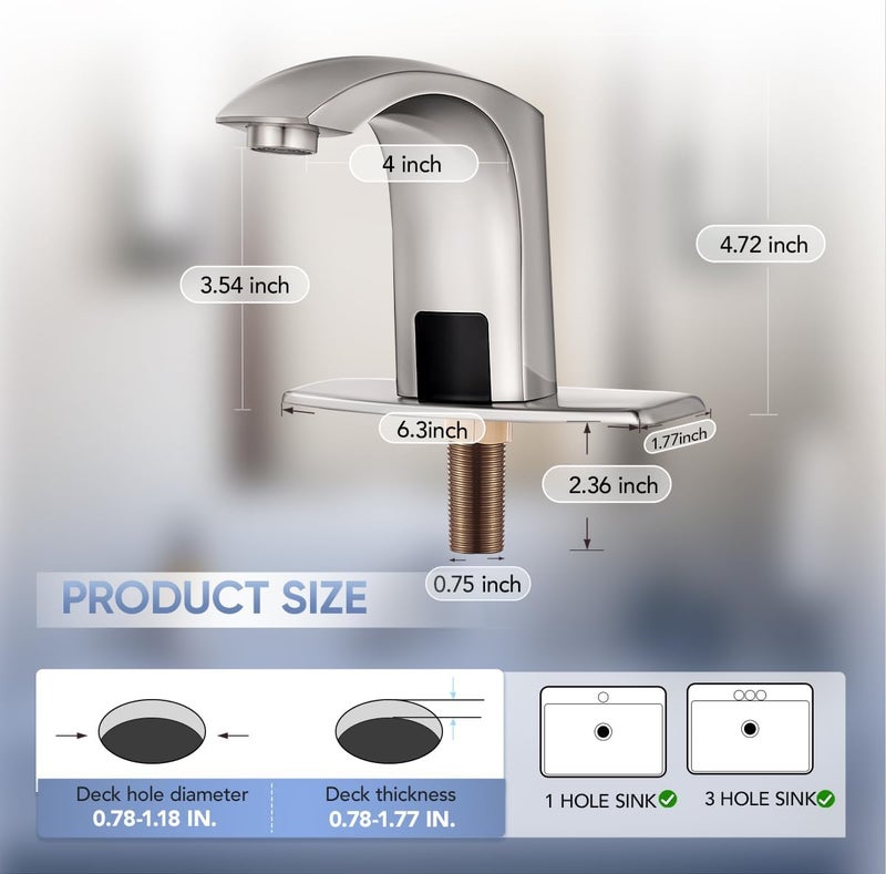 HOOMEE Automatic Touchless Bathroom Sink Faucet Sensor Motion Activated Commercial Faucets Hands Free Infrared Residential Elegant Basin Tap with Deck Plate Water Mixer Valve Control Box (Nickle) - Image 5