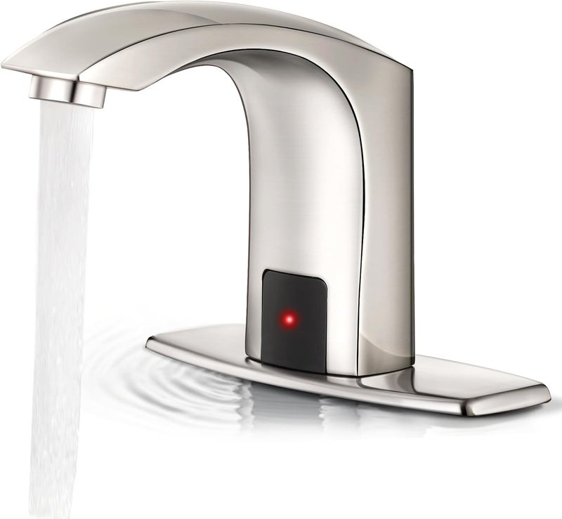 HOOMEE Automatic Touchless Bathroom Sink Faucet Sensor Motion Activated Commercial Faucets Hands Free Infrared Residential Elegant Basin Tap with Deck Plate Water Mixer Valve Control Box (Nickle) - Image 1