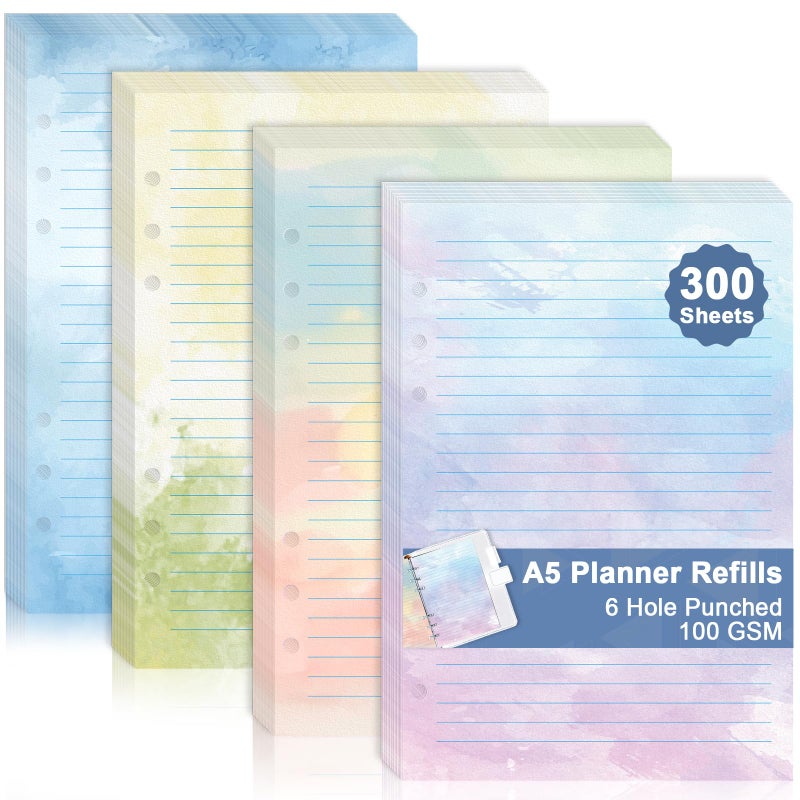 OKWUYiK 300 Sheet Watercolor A5 Refill Paper Planner Inserts for 6-Hole Binder A5 Loose Leaf Lined Refill Paper 100 GSM Notebook Filler Paper 6 Hole Loose Leaf Paper for Budget Planner Journal 5.6" x 8.2" - Image 1