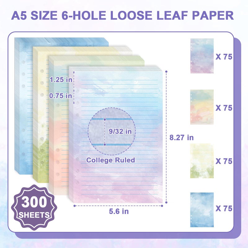 OKWUYiK 300 Sheet Watercolor A5 Refill Paper Planner Inserts for 6-Hole Binder A5 Loose Leaf Lined Refill Paper 100 GSM Notebook Filler Paper 6 Hole Loose Leaf Paper for Budget Planner Journal 5.6" x 8.2" - Image 2