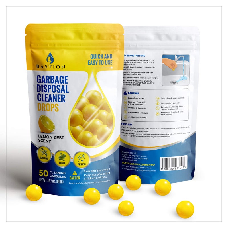 Bastion Garbage Disposal Cleaner and Deodorizer Drops- [[50-Count]] Lemon Zest Scented Kitchen Sink Freshener Pods & Drain Odor Eliminator Disposer Care Balls by Bastion - Image 3
