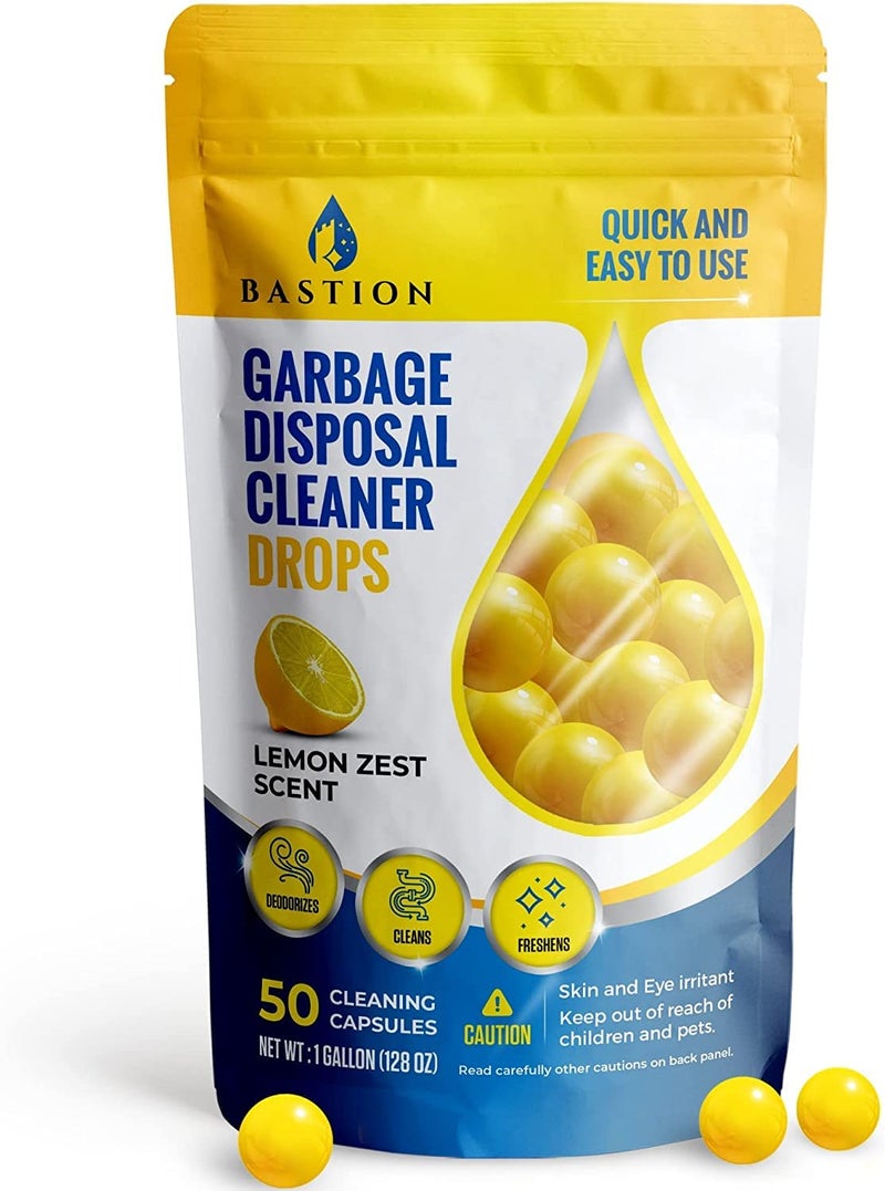 Bastion Garbage Disposal Cleaner and Deodorizer Drops- [[50-Count]] Lemon Zest Scented Kitchen Sink Freshener Pods & Drain Odor Eliminator Disposer Care Balls by Bastion - Image 1