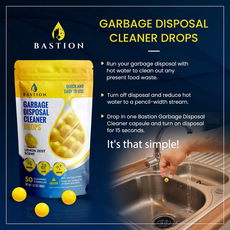 Bastion Garbage Disposal Cleaner and Deodorizer Drops- [[50-Count]] Lemon Zest Scented Kitchen Sink Freshener Pods & Drain Odor Eliminator Disposer Care Balls by Bastion - Image 2