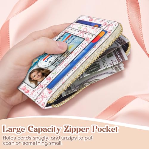 GIANCOMICS حافظة بطاقات الائتمان النسائية جيانكومكس رفيعة، حافظة بطاقات صغيرة مزينة بقوس لطيف، محفظة رفيعة بسحاب منحنٍ مع سلسلة مفاتيح، حافظة بطاقات سفر من جلد PU مع نافذة هوية، هدايا نسائية مميزة - Image 3
