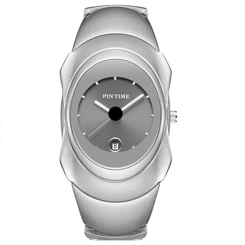 PINTIME Fashion Mens Unique Watches Slim Sleek Classic Stainless Steel Quartz Waterproof Business Wristwatches for Men Auto Date (Silver Gray) - Image 1