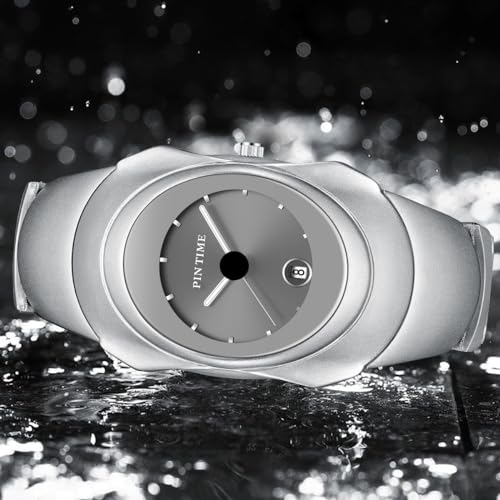 PINTIME Fashion Mens Unique Watches Slim Sleek Classic Stainless Steel Quartz Waterproof Business Wristwatches for Men Auto Date (Silver Gray) - Image 2