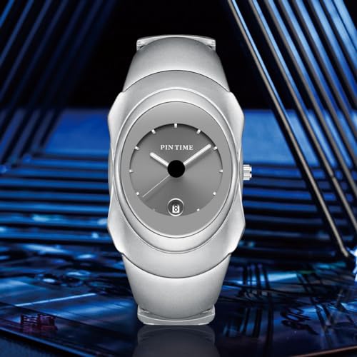 PINTIME Fashion Mens Unique Watches Slim Sleek Classic Stainless Steel Quartz Waterproof Business Wristwatches for Men Auto Date (Silver Gray) - Image 3