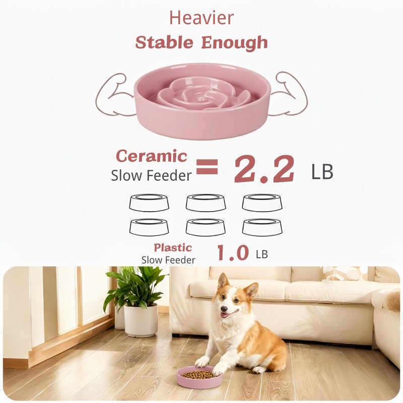 Pink 8 Inch Ceramic Slow Feeder Dog Bowl 1.5 Cup Capacity Slow Eating Pet Bowl for Medium to Large Dogs - Image 4