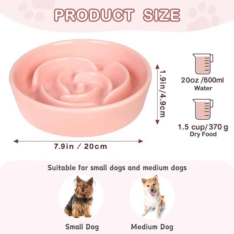 Pink 8 Inch Ceramic Slow Feeder Dog Bowl 1.5 Cup Capacity Slow Eating Pet Bowl for Medium to Large Dogs - Image 2