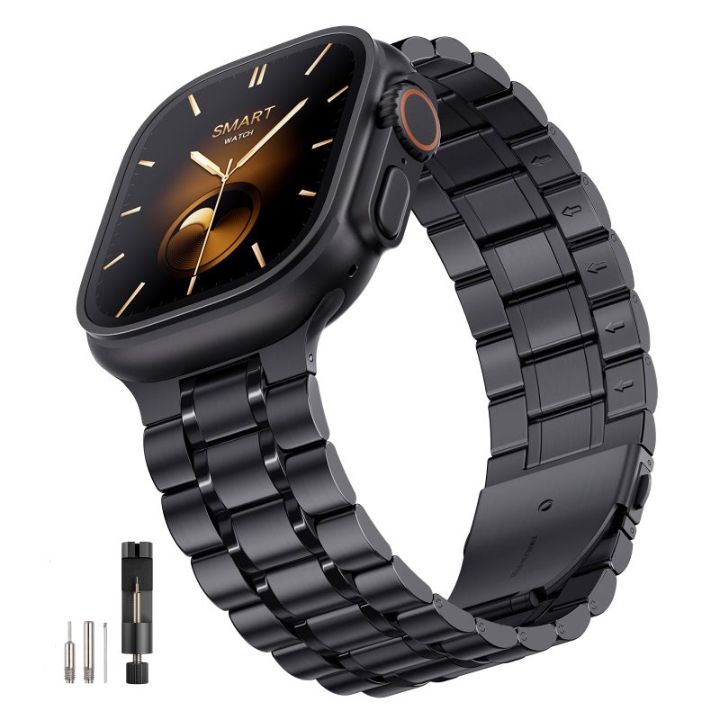 Bestig أفضل حزام متوافق مع ساعة آبل للرجال والنساء 49mm 46mm 45mm 44mm 42mm 41mm 40mm 38mm، حزام معصم معدني من الفولاذ المقاوم للصدأ للأعمال لساعة آبل الترا السلسلة 11 10 9 8 7 6 SE 5 4 3 2 1، أسود - Image 1