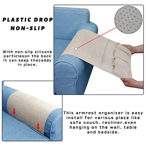 NB منظم ذراع الأريكة NB لحامل التحكم عن بعد بجانب السرير مع 5 جيوب، حامل تحكم عن بعد غير قابل للانزلاق لكرسي الأريكة (بيج، 35"x12.4") - Image 5