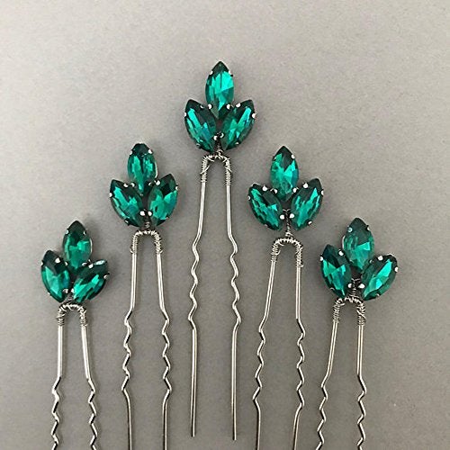FXmimior Bride Hair Accessories Crystal Hair Pins Clip Bobby Pins Green Rhinestone Bridesmaid Headpiece Customised Wedding pack of 5 - Image 1