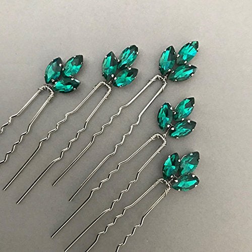 FXmimior Bride Hair Accessories Crystal Hair Pins Clip Bobby Pins Green Rhinestone Bridesmaid Headpiece Customised Wedding pack of 5 - Image 3