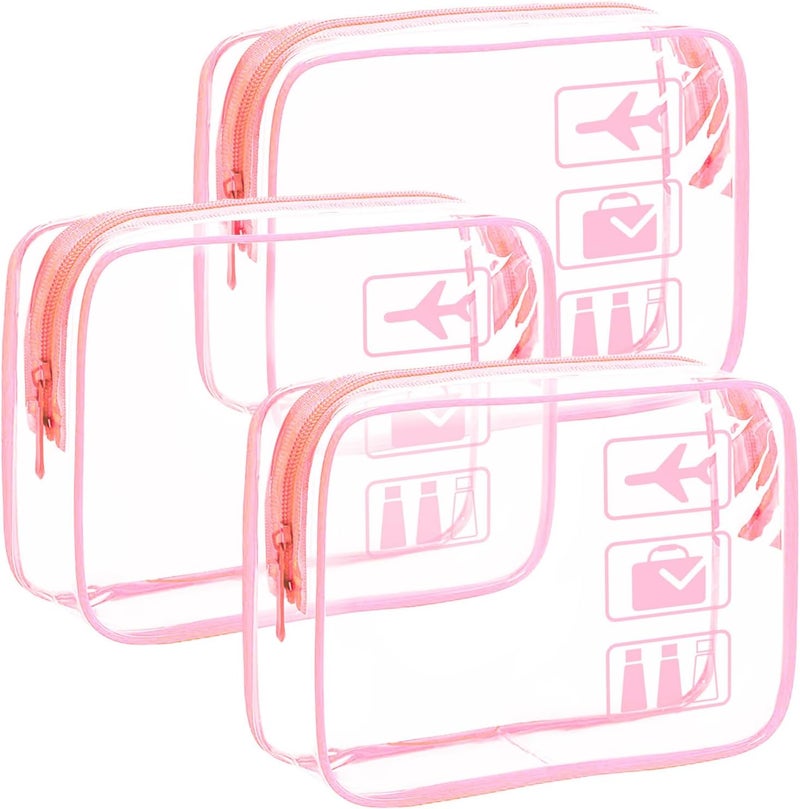 TREALDATE 3Pcs TSA Approved Toiletry Bag - Carry on Airport Airline Compliant Bag,3 Pack Clear Travel Bags for Toiletries,Clear Makeup Bags Toiletry bags Quart Size Travel Bag, Pink - Image 1