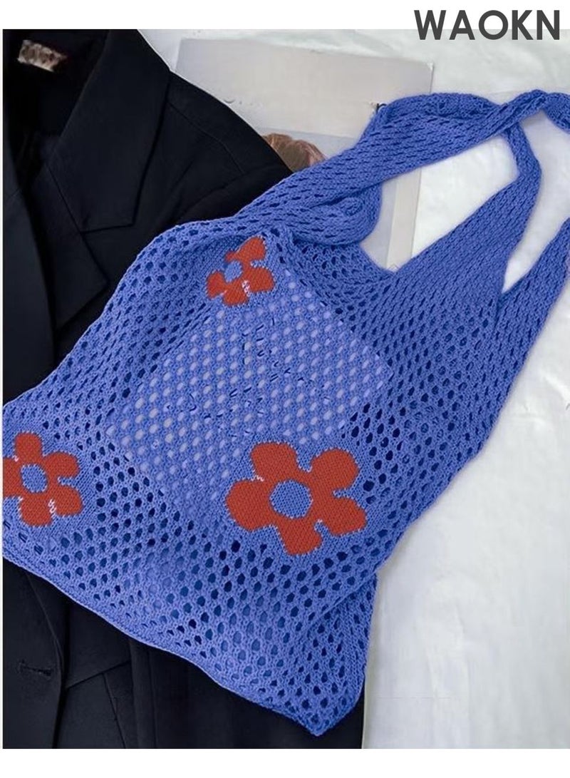 دبليو أيه أو كي أن حقيبة كتف نسائية، حقيبة يد كبيرة، حقيبة منسوجة بنمط زهور، حقيبة تسوق واسعة ومتعددة الاستخدامات، حقيبة منسوجة بسيطة، حقيبة كتف شبكية مجوفة، مناسبة للعمل والتسوق، للجنسين، لون أزرق. - Image 2