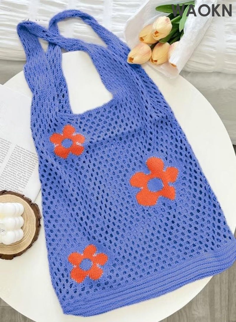 دبليو أيه أو كي أن حقيبة كتف نسائية، حقيبة يد كبيرة، حقيبة منسوجة بنمط زهور، حقيبة تسوق واسعة ومتعددة الاستخدامات، حقيبة منسوجة بسيطة، حقيبة كتف شبكية مجوفة، مناسبة للعمل والتسوق، للجنسين، لون أزرق. - Image 5