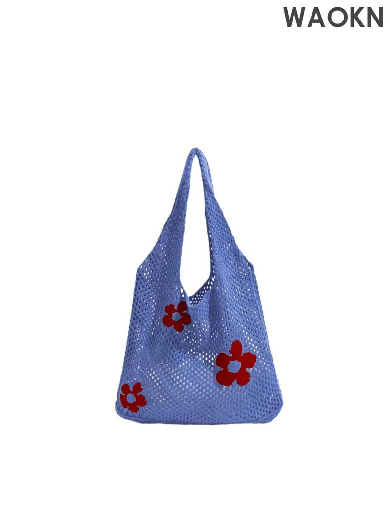 دبليو أيه أو كي أن حقيبة كتف نسائية، حقيبة يد كبيرة، حقيبة منسوجة بنمط زهور، حقيبة تسوق واسعة ومتعددة الاستخدامات، حقيبة منسوجة بسيطة، حقيبة كتف شبكية مجوفة، مناسبة للعمل والتسوق، للجنسين، لون أزرق. - Image 1
