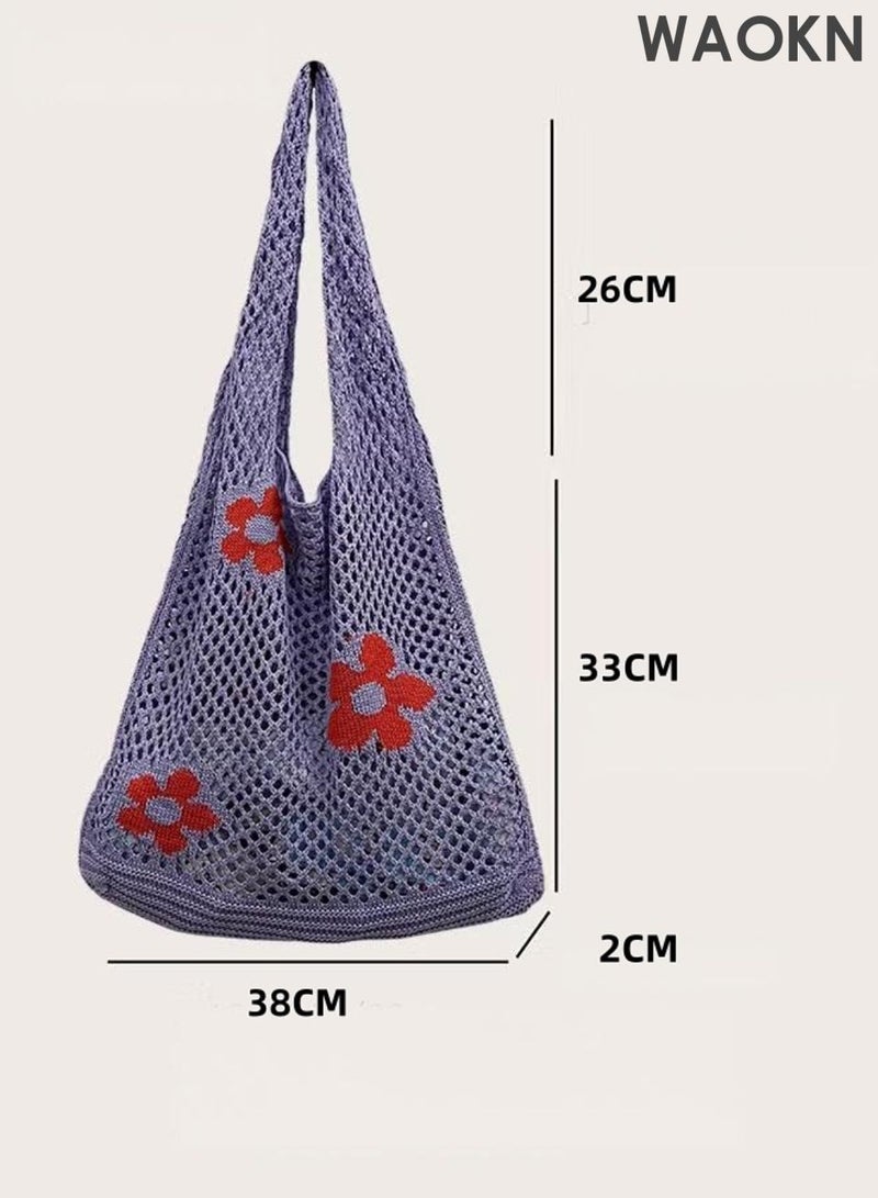 دبليو أيه أو كي أن حقيبة كتف نسائية، حقيبة يد كبيرة، حقيبة منسوجة بنمط زهور، حقيبة تسوق واسعة ومتعددة الاستخدامات، حقيبة منسوجة بسيطة، حقيبة كتف شبكية مجوفة، مناسبة للعمل والتسوق، للجنسين، لون أزرق. - Image 4