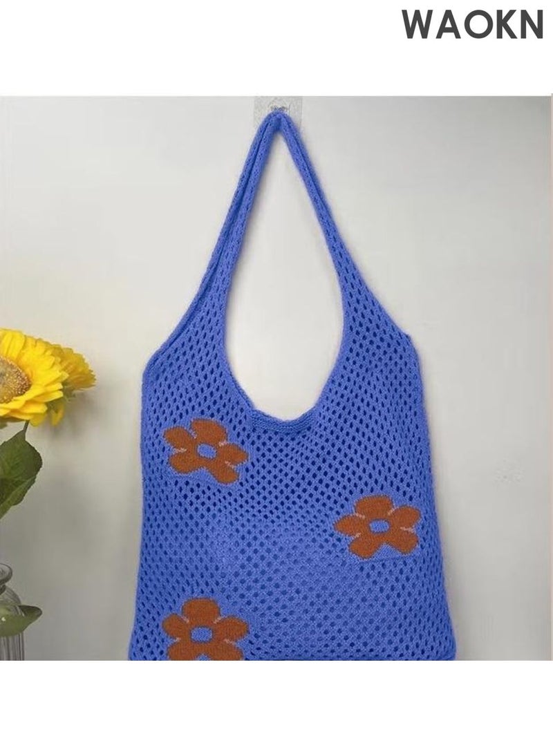 دبليو أيه أو كي أن حقيبة كتف نسائية، حقيبة يد كبيرة، حقيبة منسوجة بنمط زهور، حقيبة تسوق واسعة ومتعددة الاستخدامات، حقيبة منسوجة بسيطة، حقيبة كتف شبكية مجوفة، مناسبة للعمل والتسوق، للجنسين، لون أزرق. - Image 3