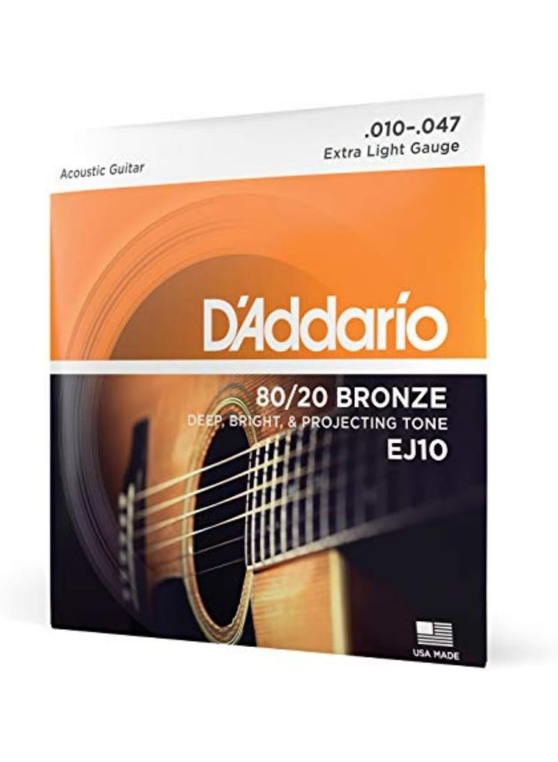 د'اداريو داداريو اوتار غيتار صوتية، 80/20 برونزي، EJ10، مقياس خفيف للغاية 10-47، مجموعة من 6 اوتار، عبوة من قطعة واحدة - Image 1