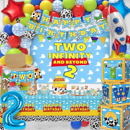 Wakeys Two Infinity and Beyond Birthday Decorations 108 Pcs Toy Inspired Story 2nd Birthday Party Supplies Include Toy Inspired Story Balloon Boxes Banner Balloons Backdrop Cake Topper Tablecloth - Image 1